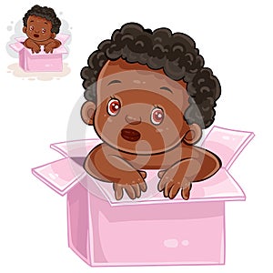 Vector illustration of little baby with black skin sitting in box.