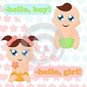 Vector illustration of little baby boy and baby girl. Adorable babies with thinking bubbles, place for your text. Cute