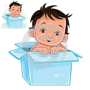 Vector illustration of little baby with swarthy skin sitting in box.