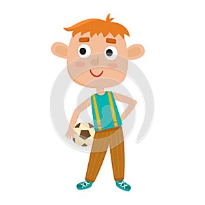 Vector illustration of little boy playing football in cartoon style