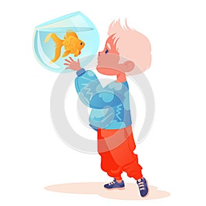 Vector illustration with little boy scrutinizing with interest goldfish in aquarium.