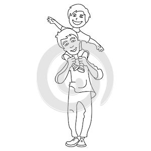 Vector illustration of a little boy sitting on his daddy`s shoulder.
