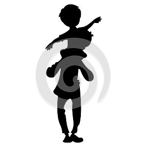 Vector illustration of a little boy sitting on his daddy`s shoulder.