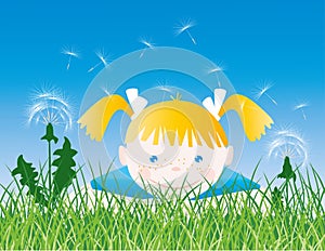 Vector illustration of little cheerful girl lying in meadow grass with dandelions on summer day