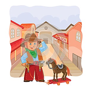 Vector illustration of little cowboy with a wooden horse