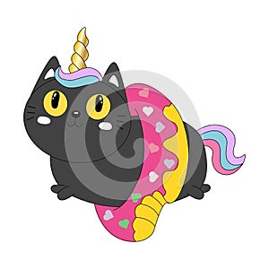 Vector illustration of a little cute black cat unicorn or caticorn .