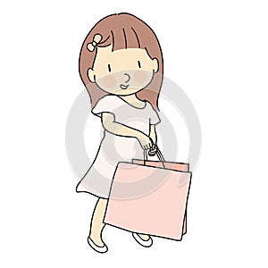 Vector illustration of little cute girl in pink dress carrying shopping bag. Lifestyles concept. Cartoon character drawing