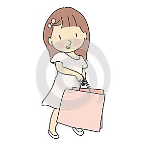 Vector illustration of little cute girl in pink dress carrying shopping bag. Lifestyles concept. Cartoon character drawing photo