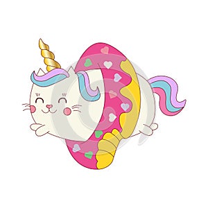 Vector illustration of a little cute white cat unicorn or caticorn .