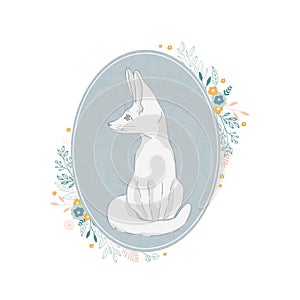 Vector illustration of a little fox Fenech.Cute little animal with big ears isolated on floral background, cartoon design photo