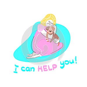 Vector illustration. Little girl hugging dog. Lettering. I can help you