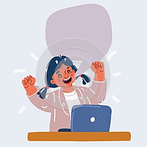 Vector illustration of little girl with a laptop The child uses a laptop. Speech ballon above. Copy space