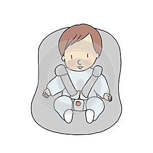 Vector illustration of little infant sitting in car seat. Baby safety concept. Cartoon character drawing style