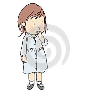 Vector illustration of little kid biting her nail to relieve anxiety, loneliness, stress. Early childhood development photo