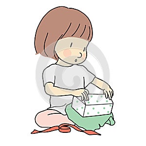 Vector illustration of little kid girl unwrapping a present. Happy Birthday, Happy New Year & Merry Christmas, holiday