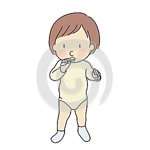 Vector illustration of little kid learning to brush teeth. Early childhood development - self care, education and learning concept