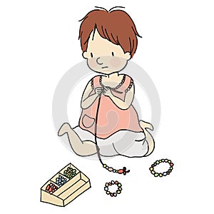 Vector illustration of little kid paling with colorful beads photo