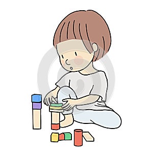 Vector illustration of little kid playing building wooden blocks by staking, assembling. Early childhood development activity