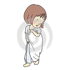 Vector illustration of little kid playing dress up by using fabric piece to make dress. Early childhood development, pretend