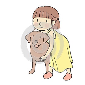 Vector illustration of little kid playing with lovely dog.