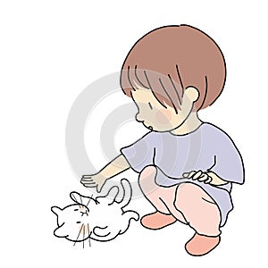 Vector illustration of little kid playing with lovely kitten. Curious kid touching little cat. Happy children day, child playing