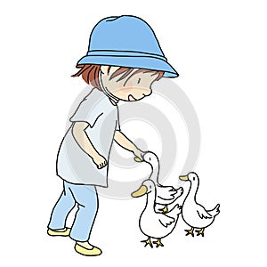 Vector illustration of little kid rubbing her lovely duck, gently on head