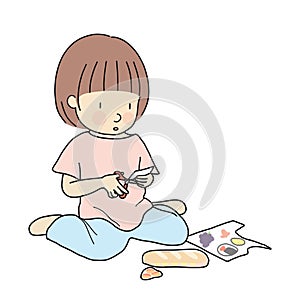 Vector illustration of little kid sitting on floor and cutting paper into small pieces with scissor. Early childhood development