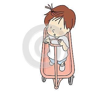Vector illustration of little kid standing on classic red wagon, pointing finger to go