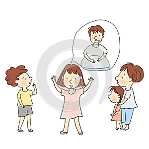 Vector illustration of little kid telling story about dad who carried and gave birth to baby photo