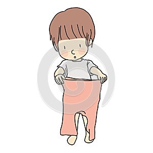 Vector illustration of little kid trying to wear trousers by self. Early childhood development - dressing skill, self care