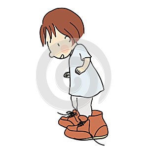 Vector illustration of little kid wearing daddy``s big brown leather shoes