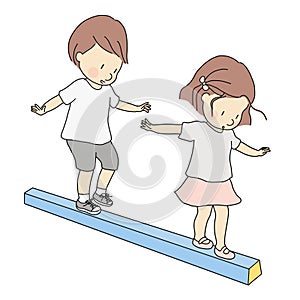 Vector illustration of little kids, boy and girl, playing balance beam. Early childhood development activity, education and learn