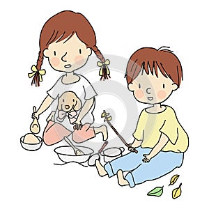 Vector illustration of little kids, boy and girl, playing with sand and toys in playground