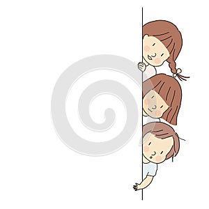 Vector illustration of little kids, boy and girls, peeking out behind wall. Peek a boo, back to school, happy children day concept