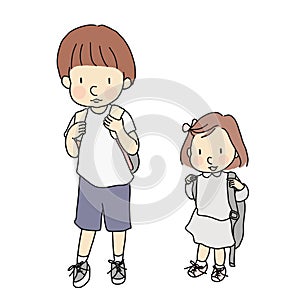 Vector illustration of little kids carrying school backpack. Early childhood development, first day of school, education, family