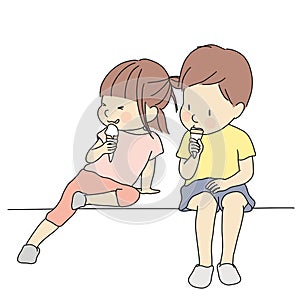 Vector illustration of little kids eating ice cream. Early childhood development concept, happy summer day. Cartoon character draw