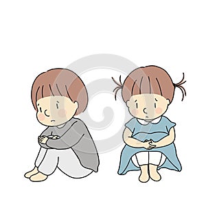 Vector illustration of little kids hugging knees, feeling sad and anxious. Child emotion problem concept Cartoon character drawing photo