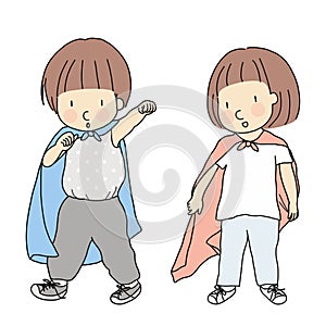Vector illustration of little kids playing dress up and acting like superhero. Playing superhero. Early childhood development