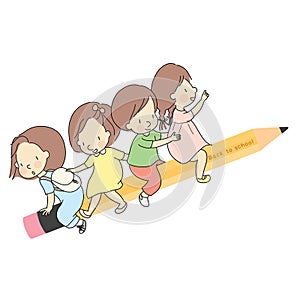Vector illustration of little kids sitting together on yellow wooden pencil. Welcome back to school card, postcard, banner