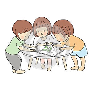 Vector illustration of little kids standing and reading story book together. Early childhood development activity, education photo