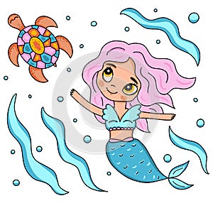 Vector illustration little mermaid chasing sea turtle under water. Colored marine life cartoon character