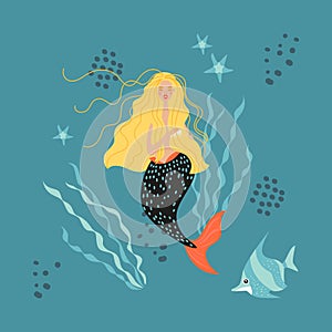 Vector illustration with little mermaid, fish and seaweed. Image for children`s design