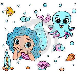 Vector illustration with little mermaid and octopus with big eyes. Marine life cartoon character, fish, snail, shell