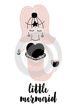 Vector illustration with little mermaid in scnadinavian style isolated on white background. Can be used as card, t-shirt