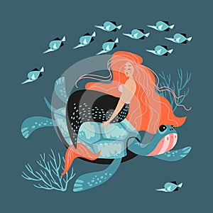 Vector illustration with a little mermaid, a turtle and a flock of fish on a coral background