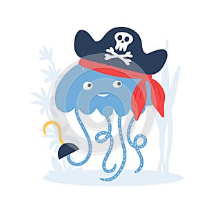 Vector illustration Little pirate lettering with pirate`s hat and bones. Kids logo emblem. Textile fabric print