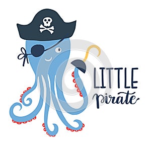 Vector illustration Little pirate lettering with pirate`s hat and bones. Kids logo emblem. Textile fabric print