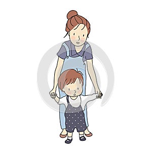 Vector illustration of little toddler first steps. Mother holding baby hand and helping him learn to walk.