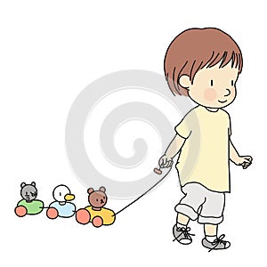 Vector illustration of little toddler pulling colorful wooden animal pull along train toy. Early child development activity