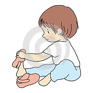 Vector illustration of little toddler sitting on floor and trying to put on his own shoes. Early childhood development, education